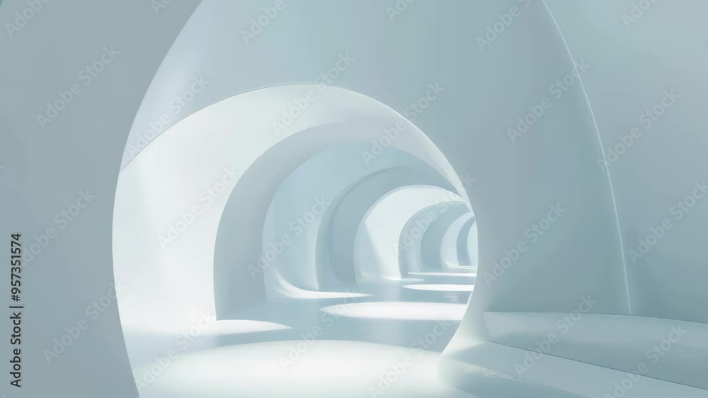 Minimalistic abstract white hallway with curved arches, modern clean architecture, bright lighting