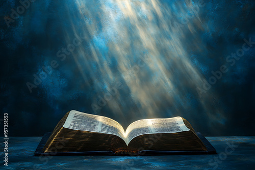 An open book lies on a surface as a stream of light falls from above, symbolizing divine revelation or God's guidance.  photo