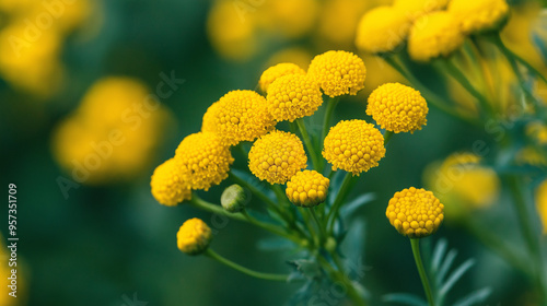 Close-Up of yellow Tansy flowers in the park making so beautiful picture.