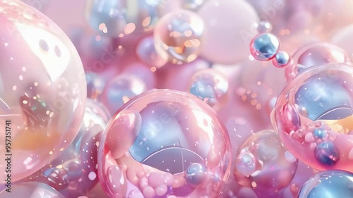 Abstract glossy bubbles in soft pastel colors, close-up macro 3d render of spheres in pink and blue tones