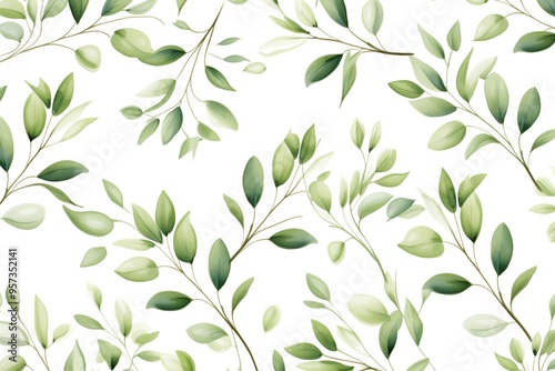 Seamless watercolor floral pattern - green leaves and branches composition on white background, perfect for wrappers, wallpapers, postcards, greeting cards, wedding invitations, romantic events. 