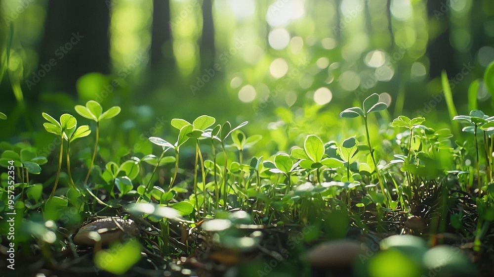   A grassy patch in a forest with tiny green plants emerging from it
