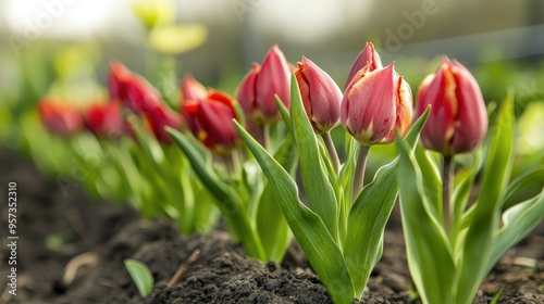 Sprouting tulip bulbs in early spring garden  #957352310