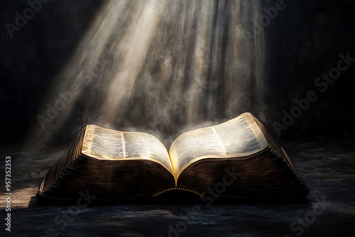 An open book lies on a surface as a stream of light falls from above, symbolizing divine revelation or God's guidance.  photo