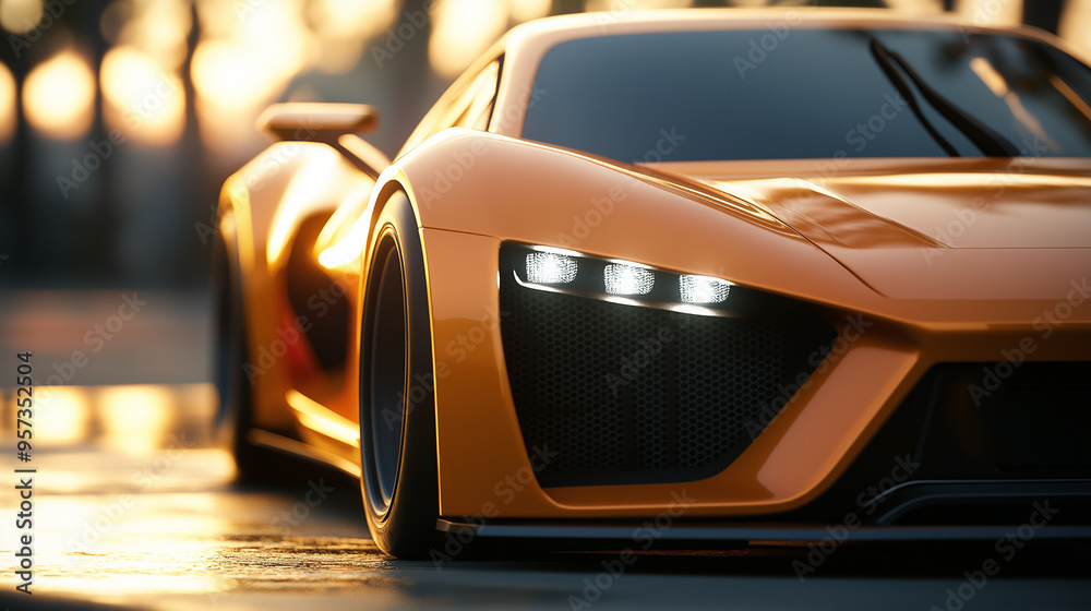 Hyper realistic front view close up bright sportscar with a sleek and minimalist design, car headlights on Hyper realistic front view close up bright sportscar with a sleek and minimalist design, car headlights on