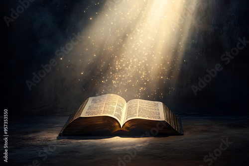 An open book lies on a surface as a stream of light falls from above, symbolizing divine revelation or God's guidance.  photo