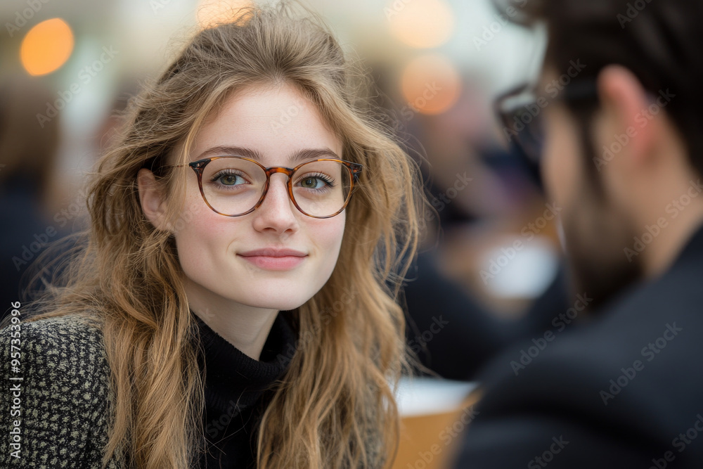 A woman with glasses is smiling at a man