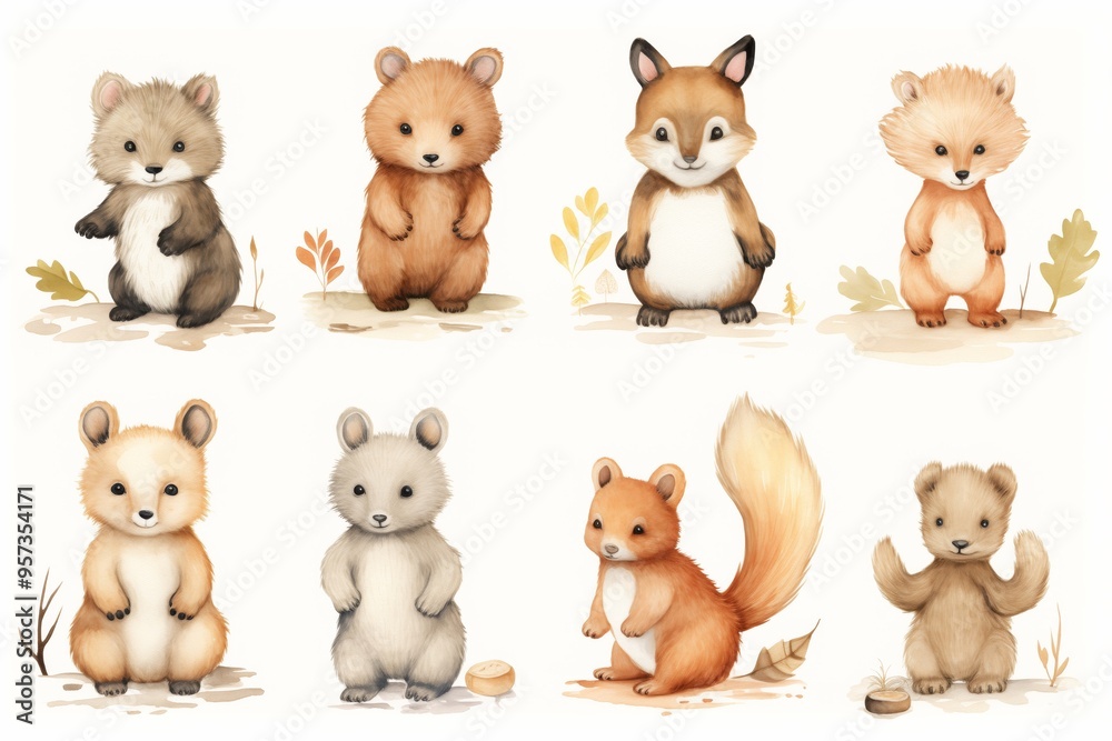 Woodland seamless pattern with wild animals. Hand drawn watercolor illustration on beige background. Baby deer, hedgehog, fox, bunny, squirrel, bird, snail, forest flora Woodland seamless pattern with wild animals. Hand drawn watercolor illustration on beige background. Baby deer, hedgehog, fox, bunny, squirrel, bird, snail, forest flora