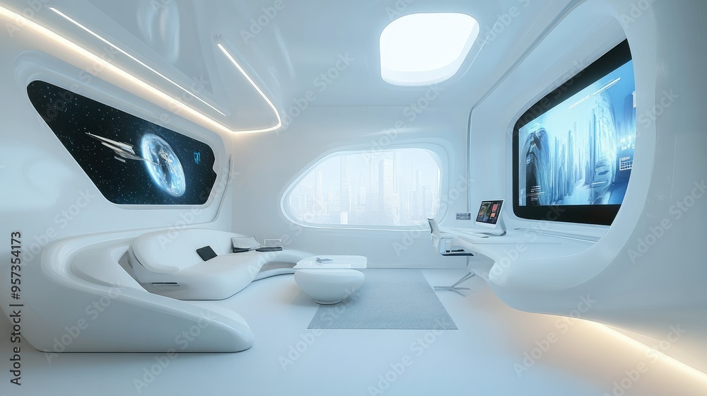 Futuristic study area with interactive screens Futuristic study area with interactive screens