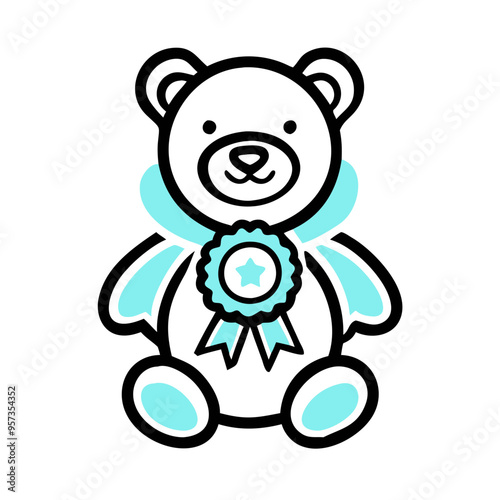 Award Winning Teddy Bear Vector Illustration Blue Ribbon Cute Plush Toy Clipart for Children Designs