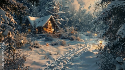 Snowy Forest Cabin with Footprints Leading to a Cozy Christmas Retreat photo