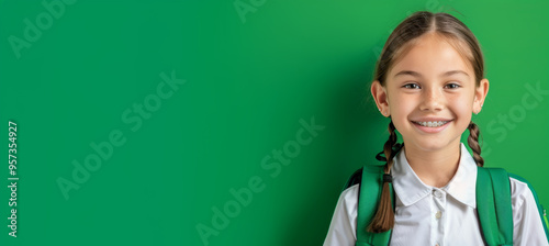 Excited Schoolgirl with Backpack on Green Background - Perfect for Education-Themed Print, Card, Poster Designs photo