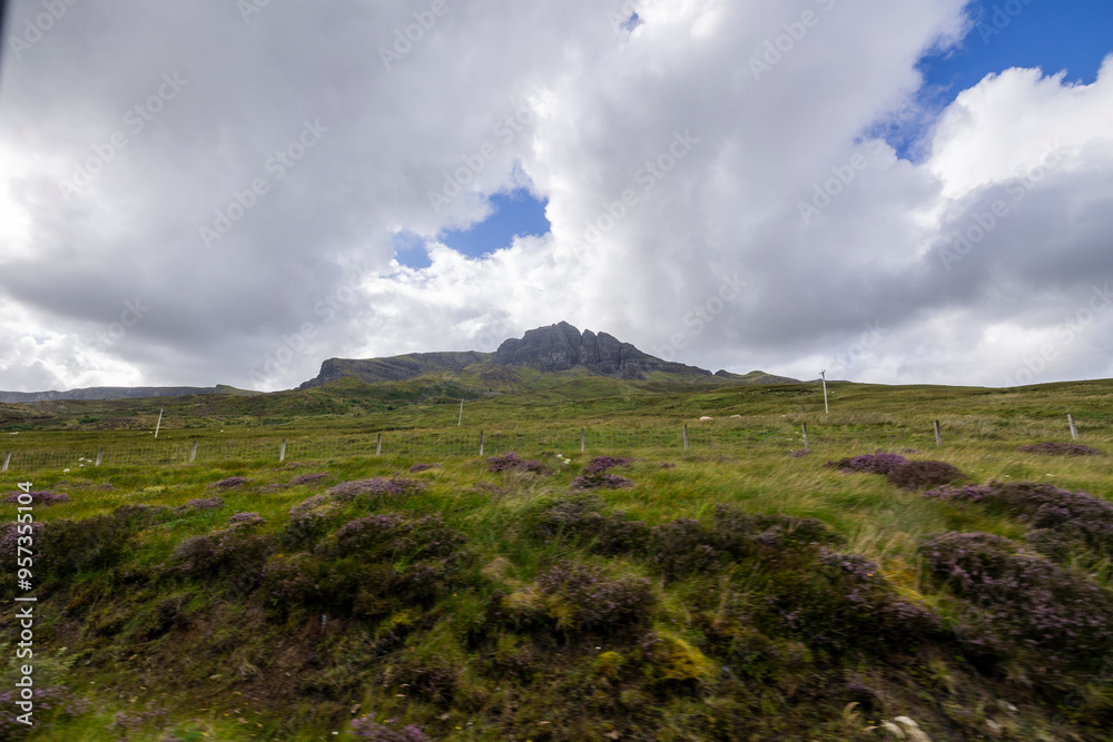 This serene landscape photo features a grassy field with a majestic mountain in the background under a cloudy sky in Scotland. This serene landscape photo features a grassy field with a majestic mountain in the background under a cloudy sky in Scotland.