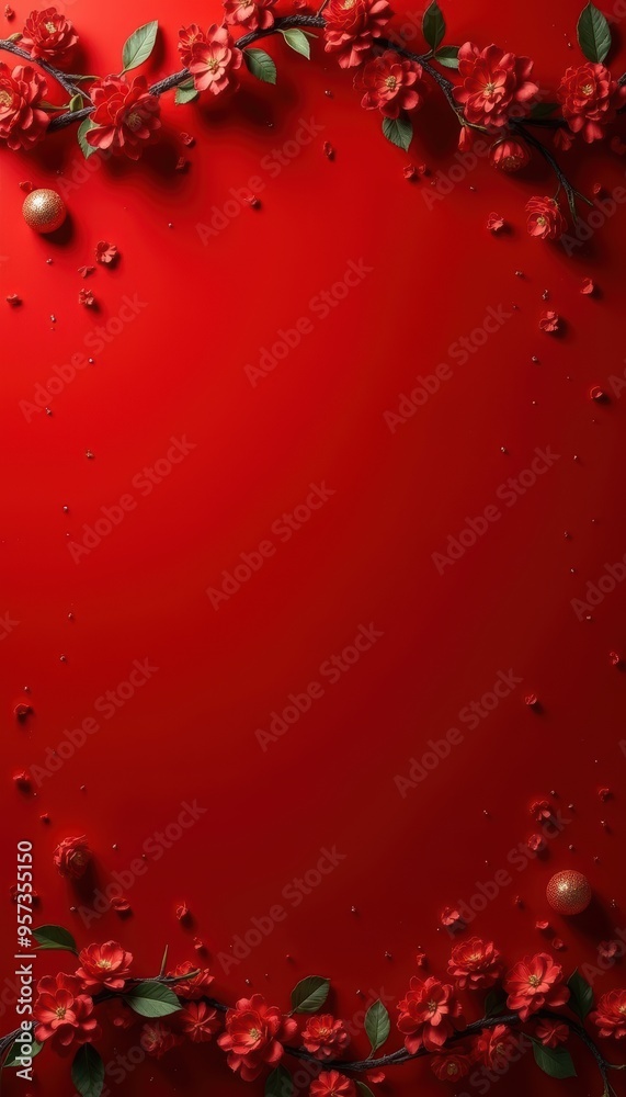 A vibrant red background adorned with delicate flowers and leaves, perfect for festive occasions, promotions, or greeting cards. A vibrant red background adorned with delicate flowers and leaves, perfect for festive occasions, promotions, or greeting cards.