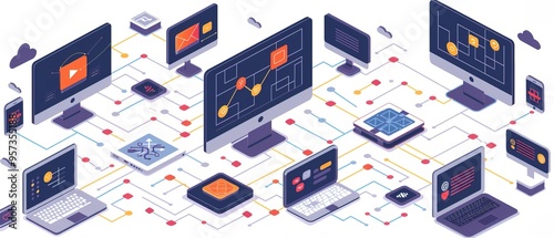 Graphic Representation of Multiple Computers Networked Over the Internet 