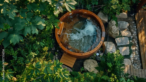 A wooden hot tub with bubbling water surrounded by lush green foliage and rocks.