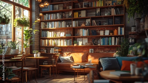 Cozy cafa with books and coffee cups