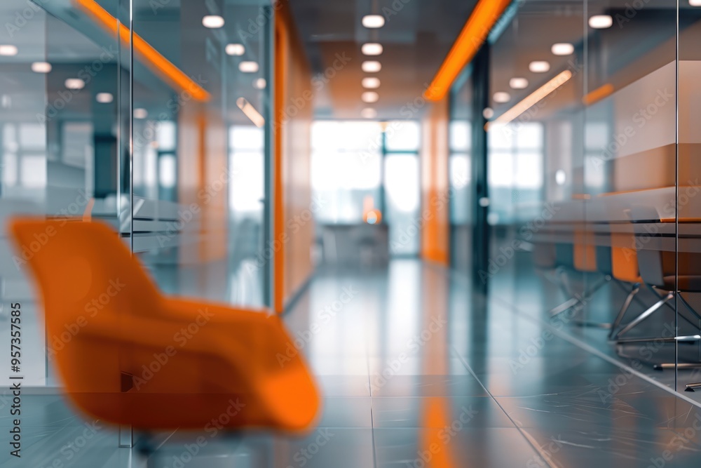 Modern office interior with blurred gray tones glass partitions orange accents. Modern office interior with blurred gray tones glass partitions orange accents.