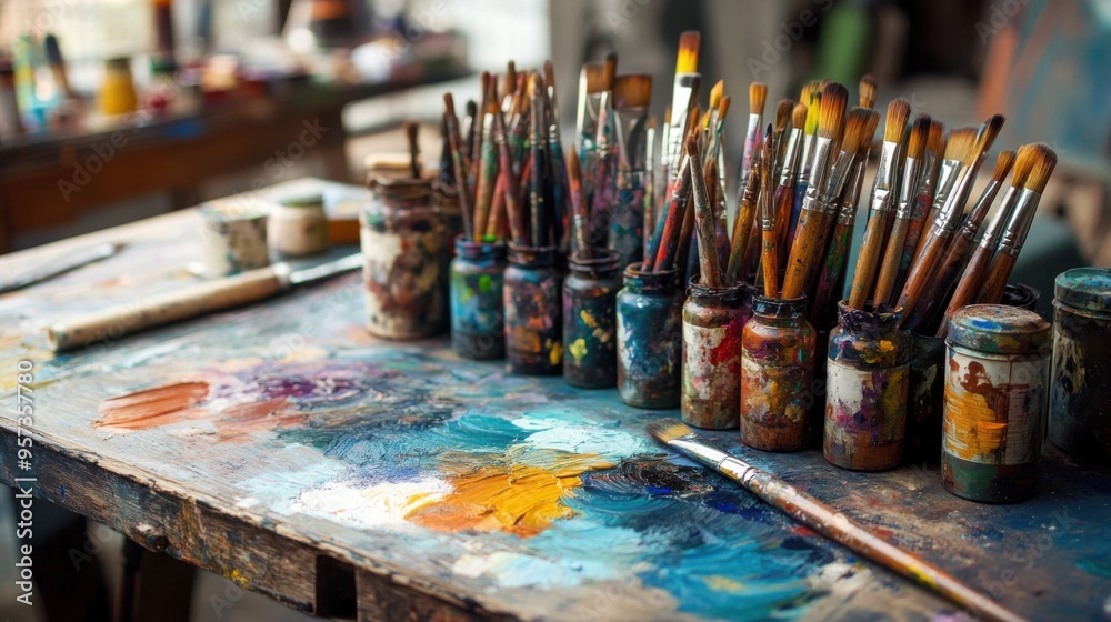 Creative workspace with artistic tools Creative workspace with artistic tools