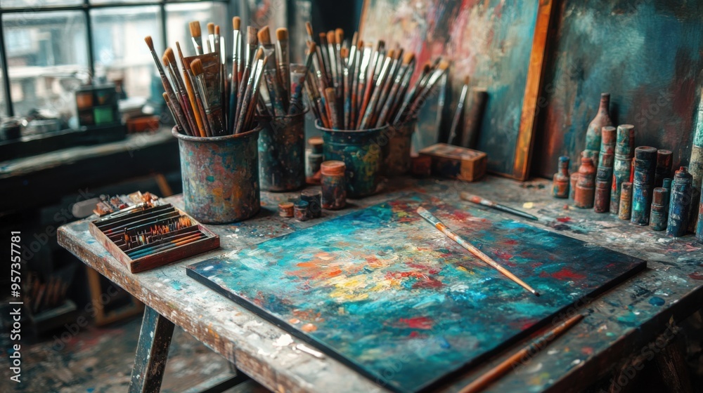 Creative workspace with artistic tools Creative workspace with artistic tools
