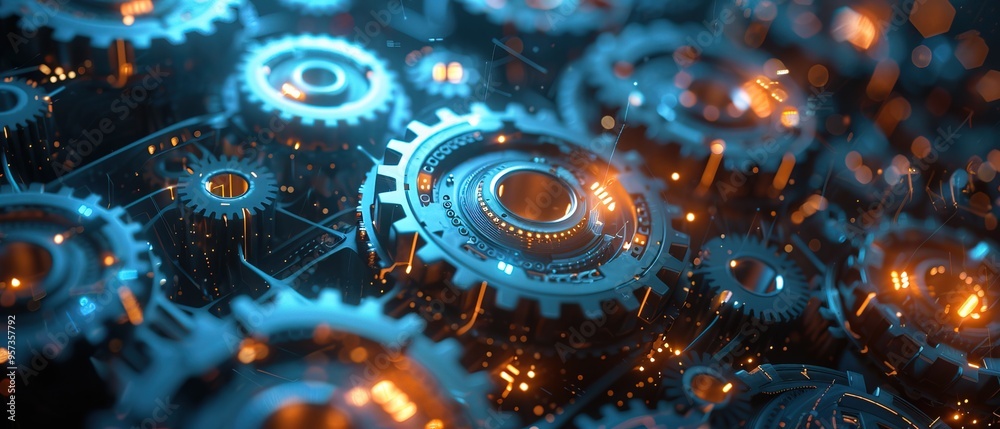 Abstract futuristic digital technology background with gears and cogs Abstract futuristic digital technology background with gears and cogs