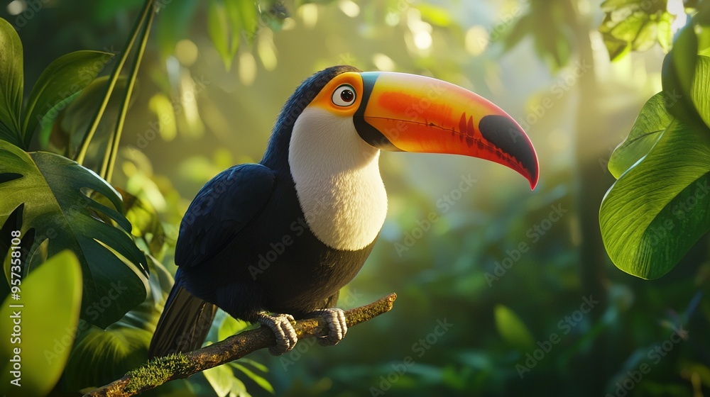 Fototapeta premium A vibrant toucan sat on a branch in a lush tropical forest, surrounded by abundant green foliage