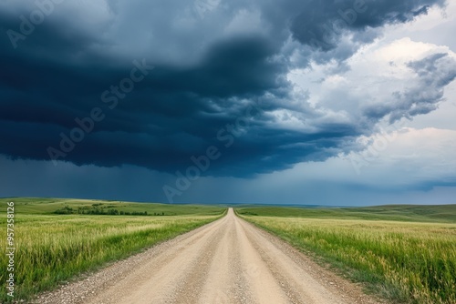 Gravel road leading into the distance towards dramatic storm clouds