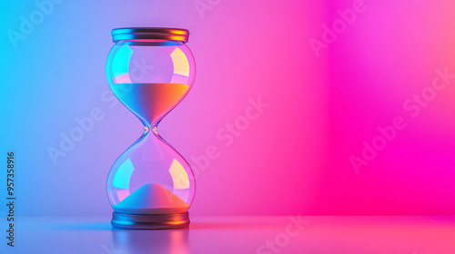 futuristic hourglass with glowing sand, set against a dark background. The slick design symbolizes time, change, and the passage of moments, creating a modern and captivating visual.