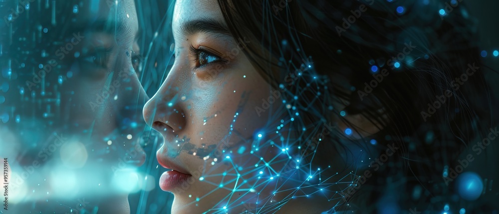 Woman opposite AI. The concept of confrontation between humanity and artificial intelligence Woman opposite AI. The concept of confrontation between humanity and artificial intelligence
