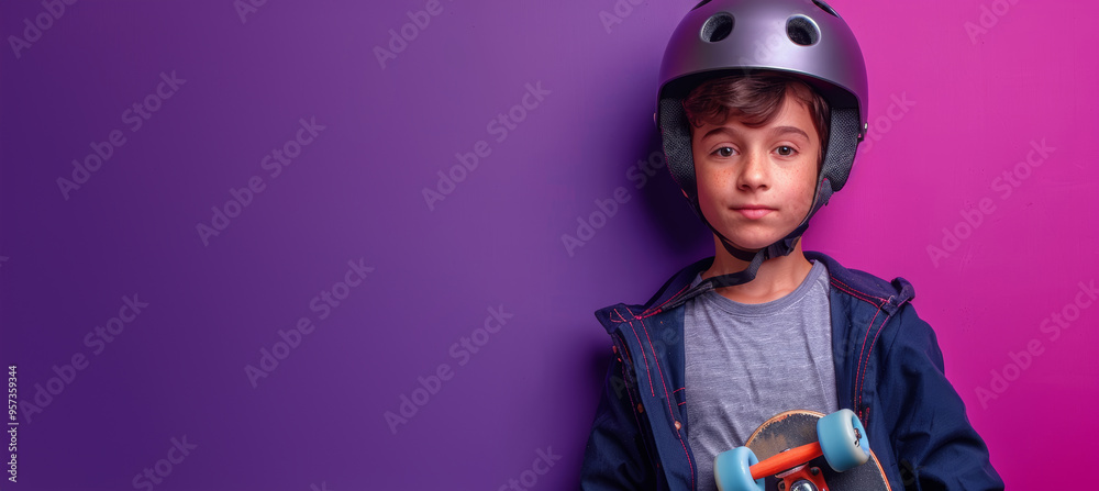 Adventurous Young Boy with Skateboard and Helmet in Front of Vibrant Purple Wall Adventurous Young Boy with Skateboard and Helmet in Front of Vibrant Purple Wall