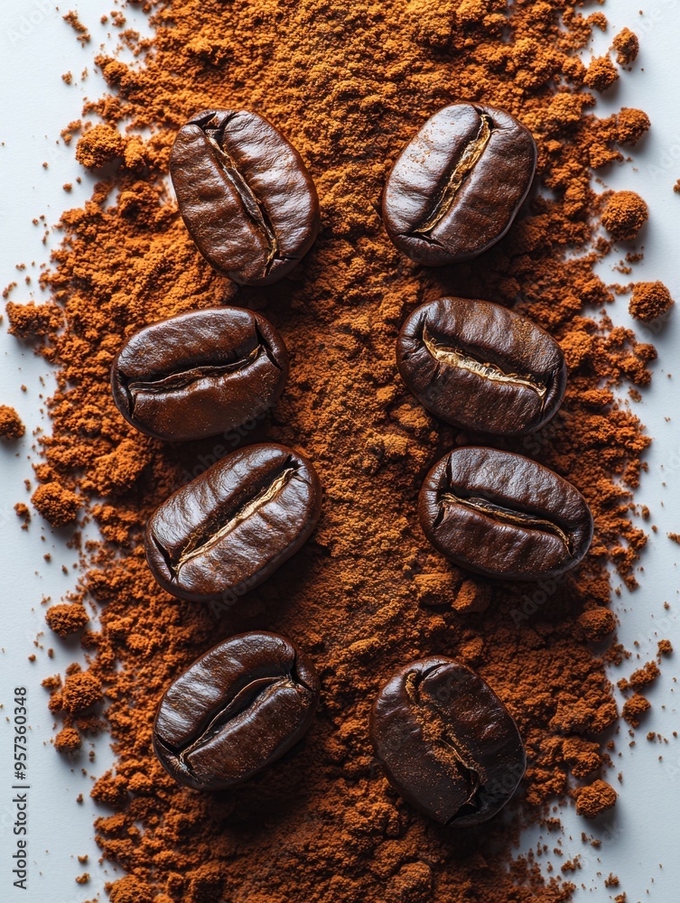 extreme close up, texture, flatlay realistic photography coffee beans lay on coffee powder flow isolated on white background extreme close up, texture, flatlay realistic photography coffee beans lay on coffee powder flow isolated on white background