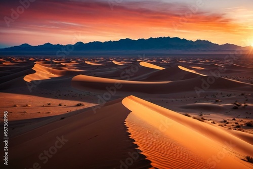 Desert landscape with a beautiful sunset over sandy dunes