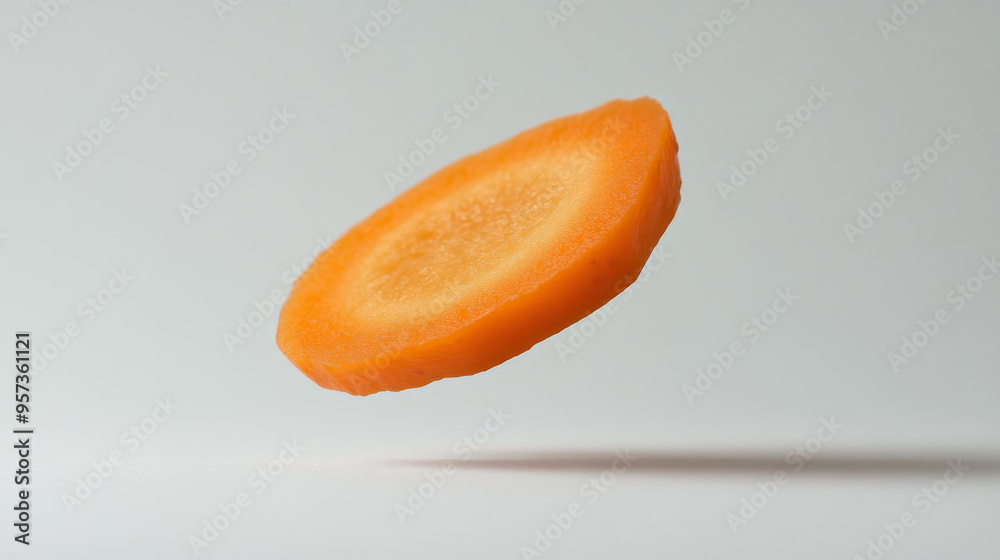 A single carrot slice falls against a plain white background.  The photo focuses on the slice, making it sharp, while the background is blurred.