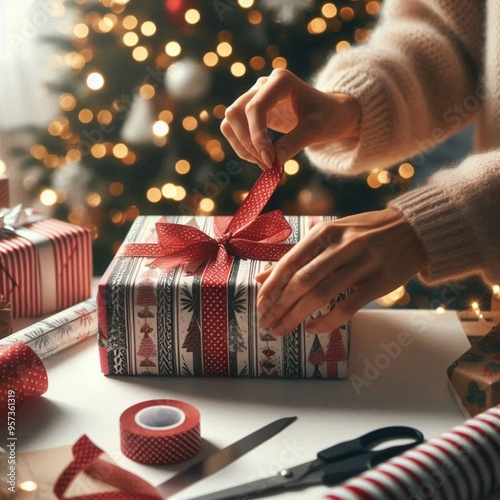 A close-up of a pair of hands carefully wrapping a Christmas gift in festive paper, with a ribbon being tied into a bow. The table is strewn with wrapping supplies, including scissors, tape, , photo