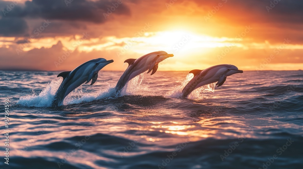 Fototapeta premium herd of dolphins fish jumping from water on sunset sea 