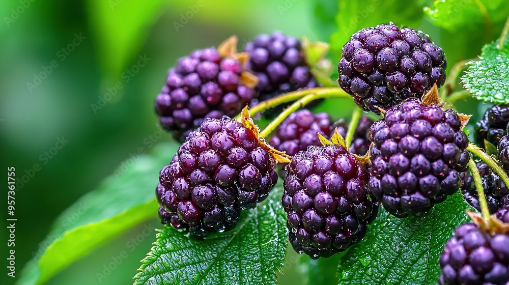 A close-up shot of several blackberries on a leafy branch, with raindrops on the leaves A close-up shot of several blackberries on a leafy branch, with raindrops on the leaves
