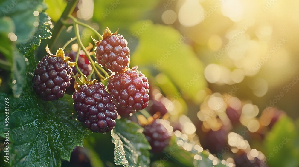 Bunch of berries on leafy branch, sun shining, water droplets Bunch of berries on leafy branch, sun shining, water droplets
