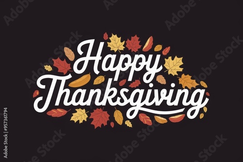 Vector realistic isolated typography logo for Happy Thanksgiving Day with autumn leaves for decoration and covering on the chalk background.
 photo