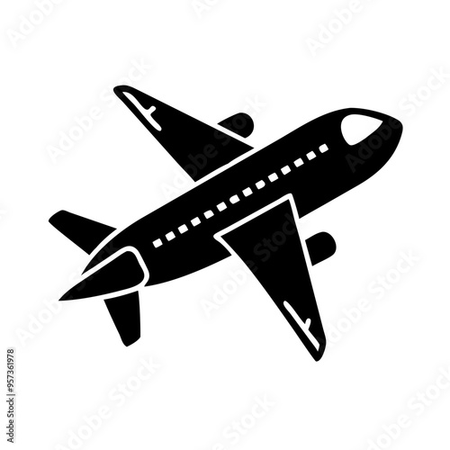 Airplane icon in black and white style on a light background for aviation and travel concept