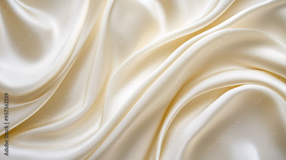 Obraz premium Smooth cream-colored satin fabric with soft folds and drapes. Close-up texture for textile and interior design.