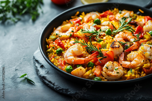 Delight in a traditional valencian paella showcasing vibrant seafood, rice, and fresh herbs on a rustic table setting