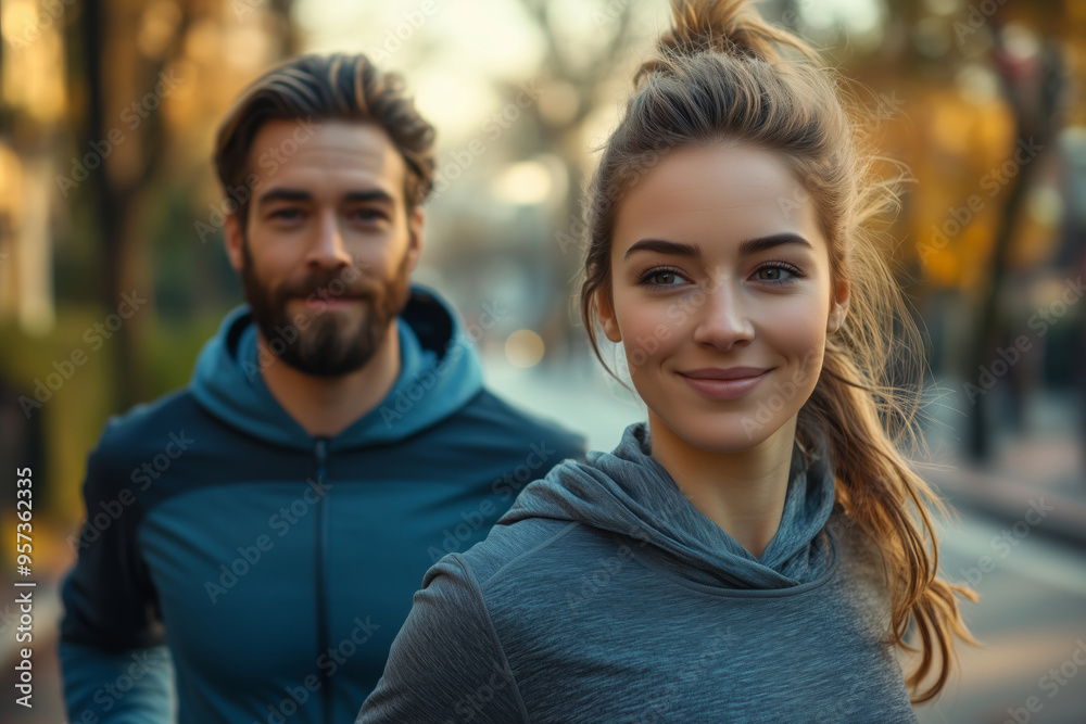 A couple embraces vitality through outdoor stretching as dawn breaks, enhancing their morning routine in nature's embrace A couple embraces vitality through outdoor stretching as dawn breaks, enhancing their morning routine in nature's embrace