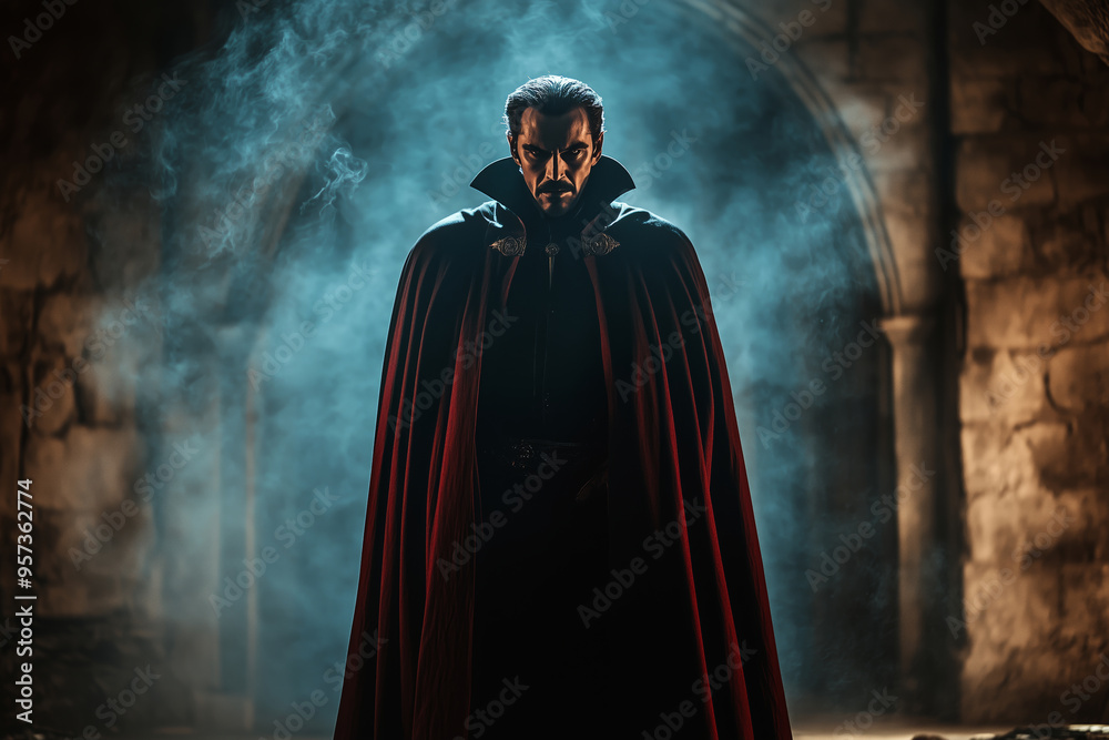 Naklejka premium A powerful figure conjures magical defenses in a shadowy castle at twilight, cloaked in mystery and splendor