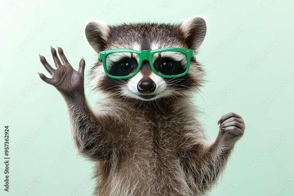 Funny raccoon in green sunglasses making a hand up Funny raccoon in green sunglasses making a hand up