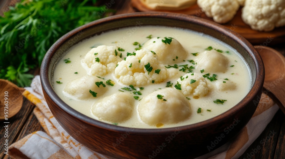 Hungarian national cuisine: Milk soup with dumplings and cauliflower. Hungarian national cuisine: Milk soup with dumplings and cauliflower.