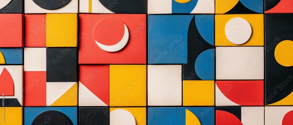 A colorful mosaic of blocks with a red moon in the middle