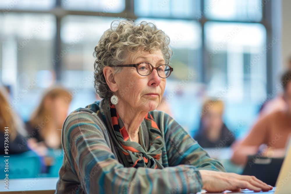 Elderly Woman Concentrating on Laptop in Bright, Modern Classroom - Lifelong Learning, Technology Elderly Woman Concentrating on Laptop in Bright, Modern Classroom - Lifelong Learning, Technology