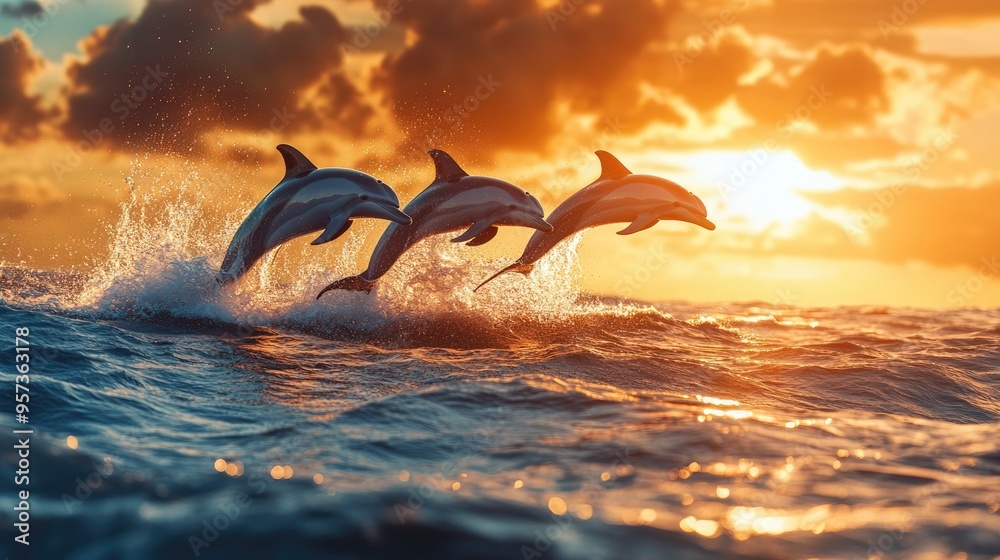 Fototapeta premium herd of dolphins fish jumping from water on sunset sea