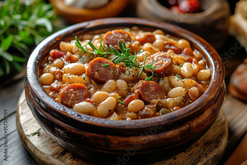 Hearty cassoulet simmering with rich sausage and tender beans in a rustic setting full of warm flavors and inviting aromas