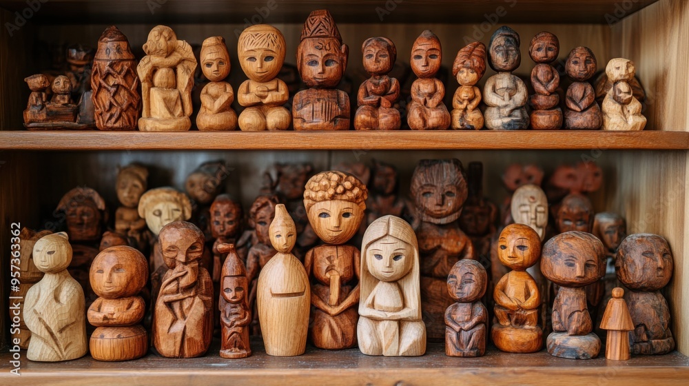 Fototapeta premium Hand-carved wooden figurines on a shelf